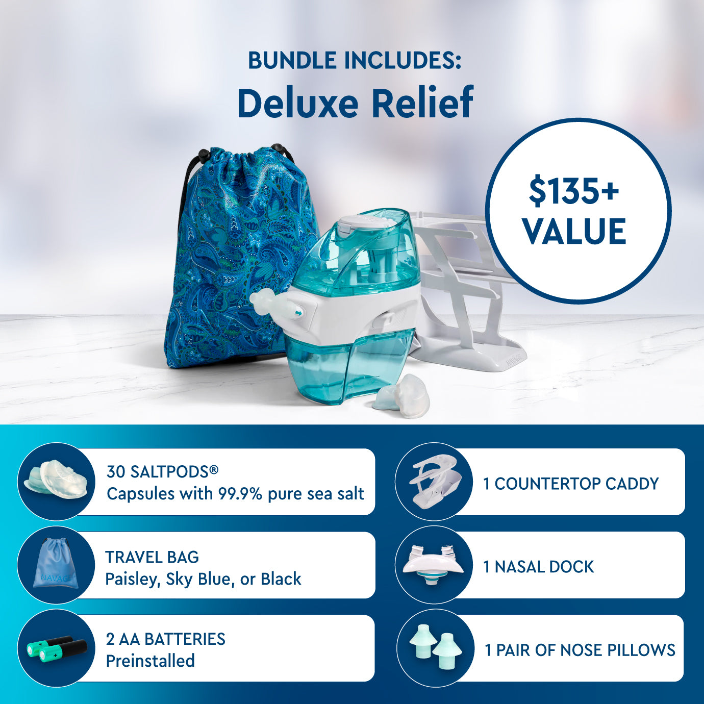 Paquete Naväge Deluxe: limpiador de nariz, 20 SaltPods, una Countertop Caddy, bolsa de viaje
