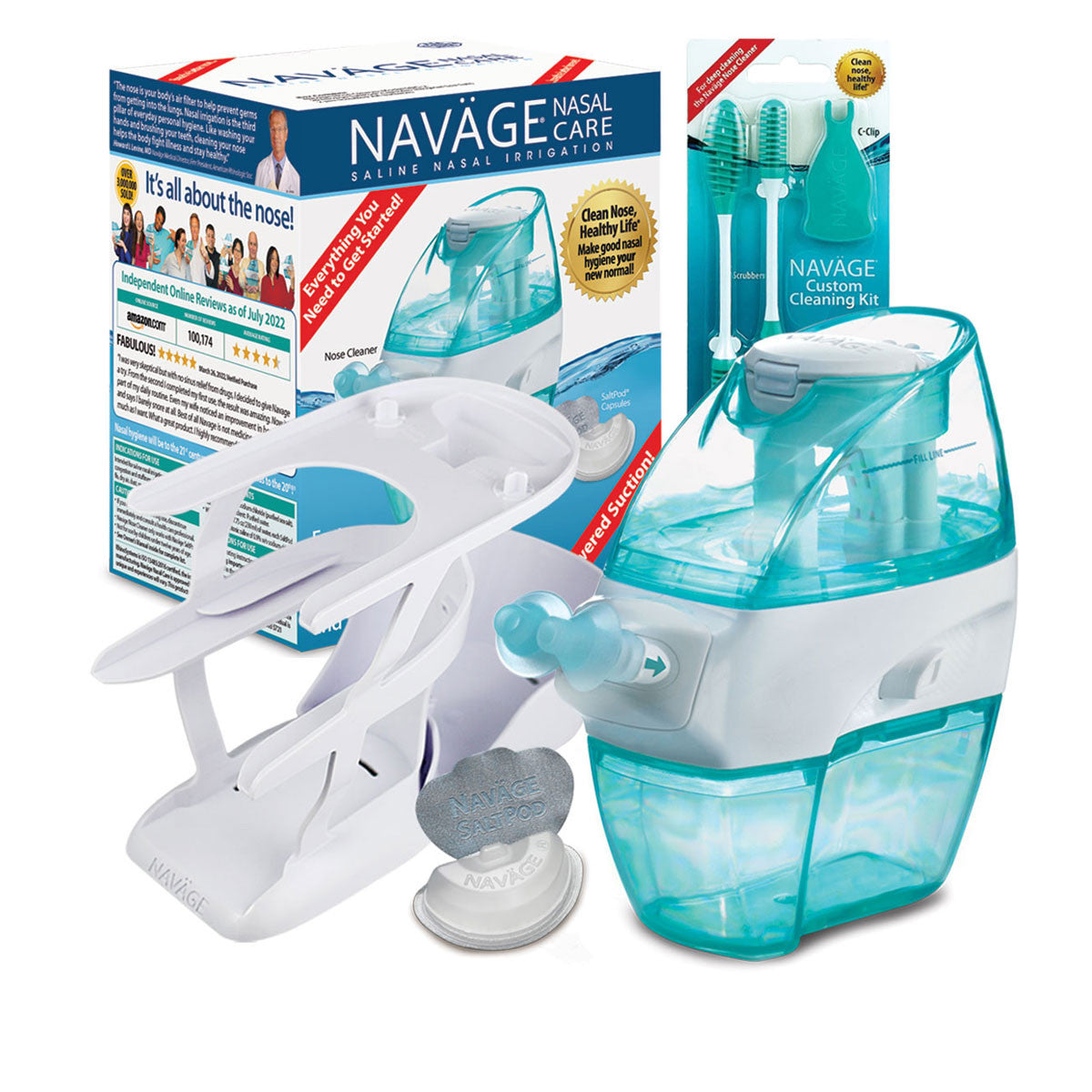 Navage Essentials Plus Bundle : nettoyant pour le nez, 20 Capsules de sel, support de comptoir, kit de nettoyage personnalisé